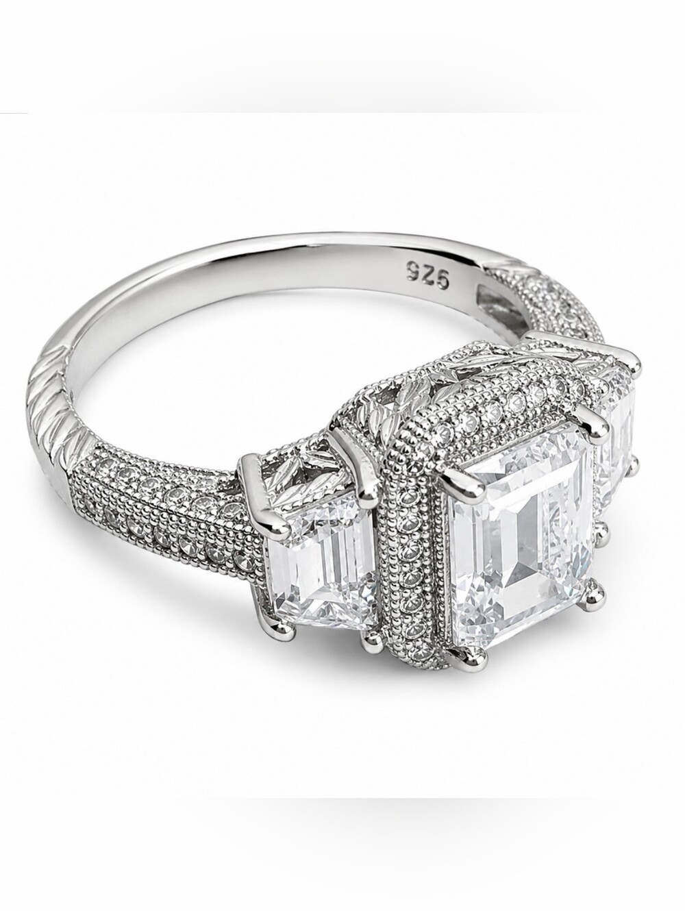 925 Sterling Silver Platinum Plated 2CT Emerald Cut CZ Halo Ring Size 8